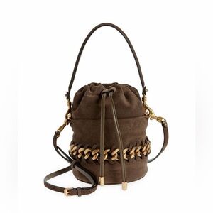 Rebecca Minkoff Chain Bucket Bag in Porcini Brown Suede Leather with Gold Chain